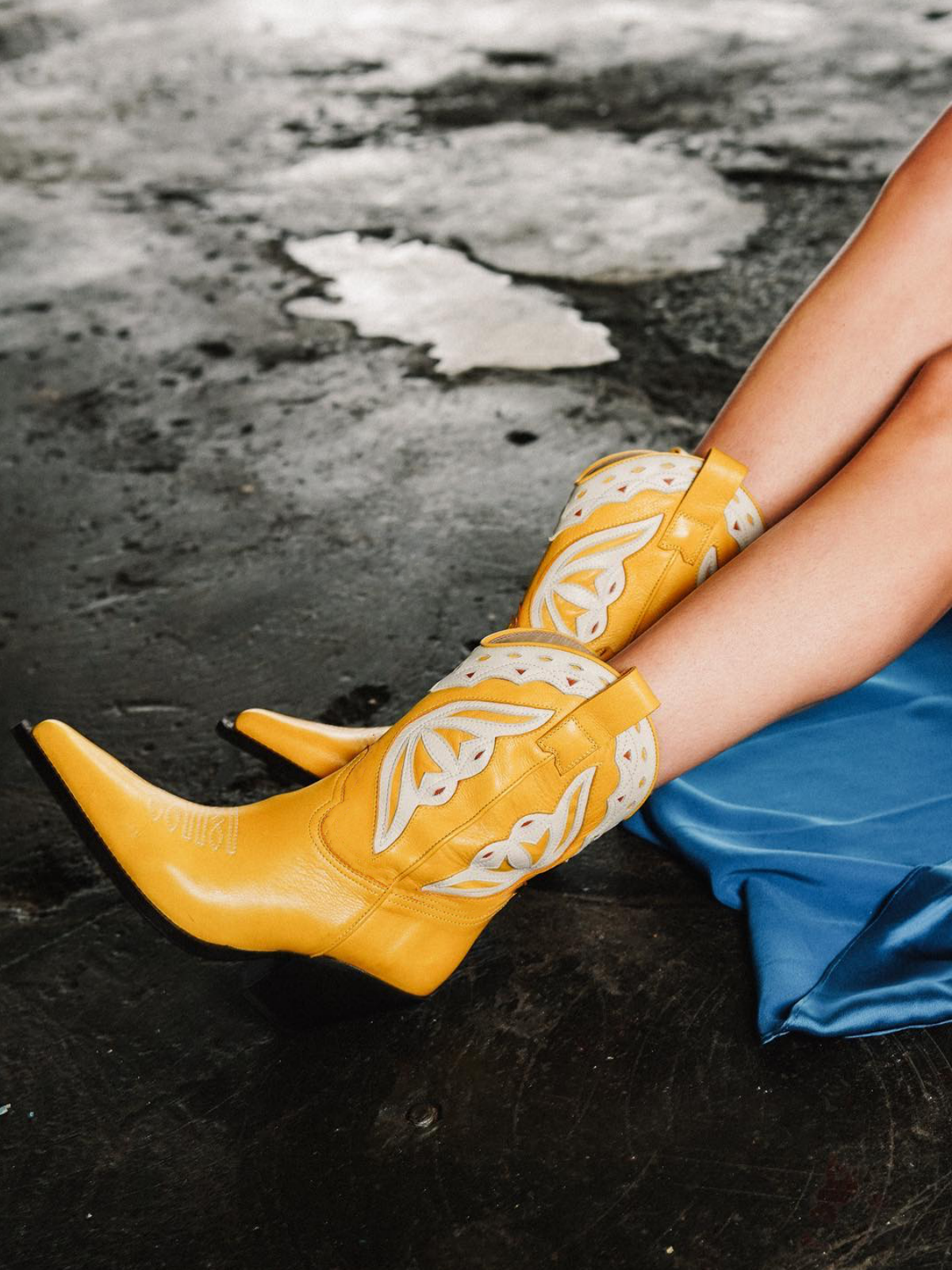 Yellow Pointed-Toe Ivory Inlay Applique Wide Mid Calf Cowgirl Boots