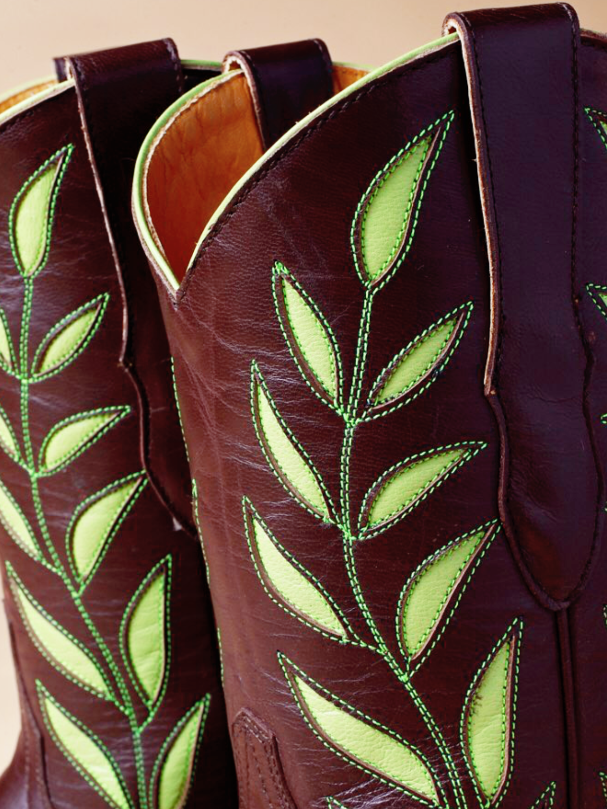 Maroon Snip-Toe Wide Mid Calf Western Cowgirl Boots With Fluorescent Green Leaf Inlay