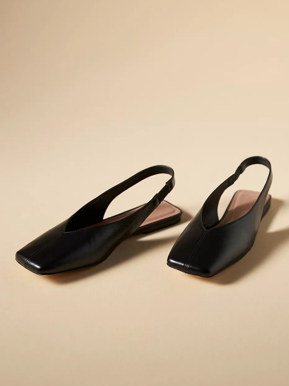 Black Square Toe Flats Slingbacks With Back Strap