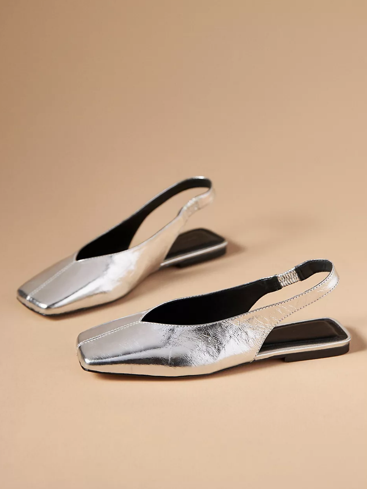 Crinkle Metallic Silver Square Toe Flats Slingbacks