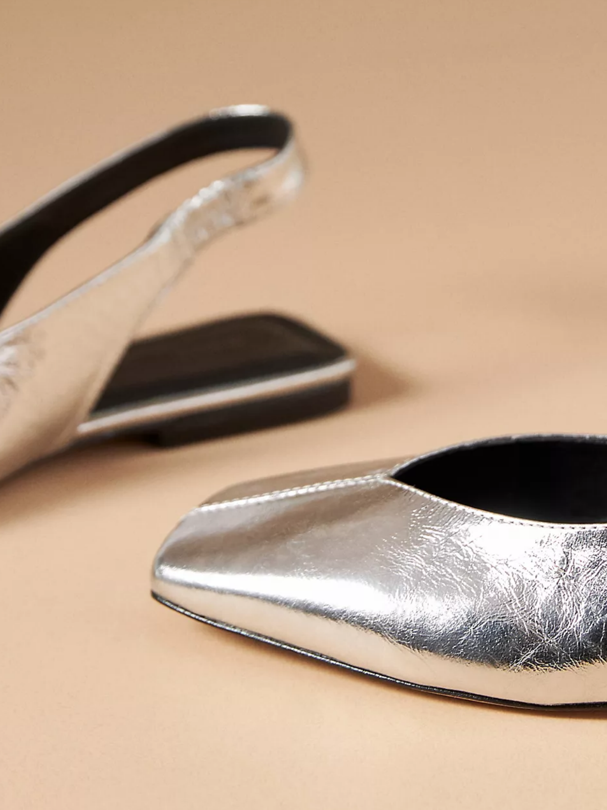 Crinkle Metallic Silver Square Toe Flats Slingbacks