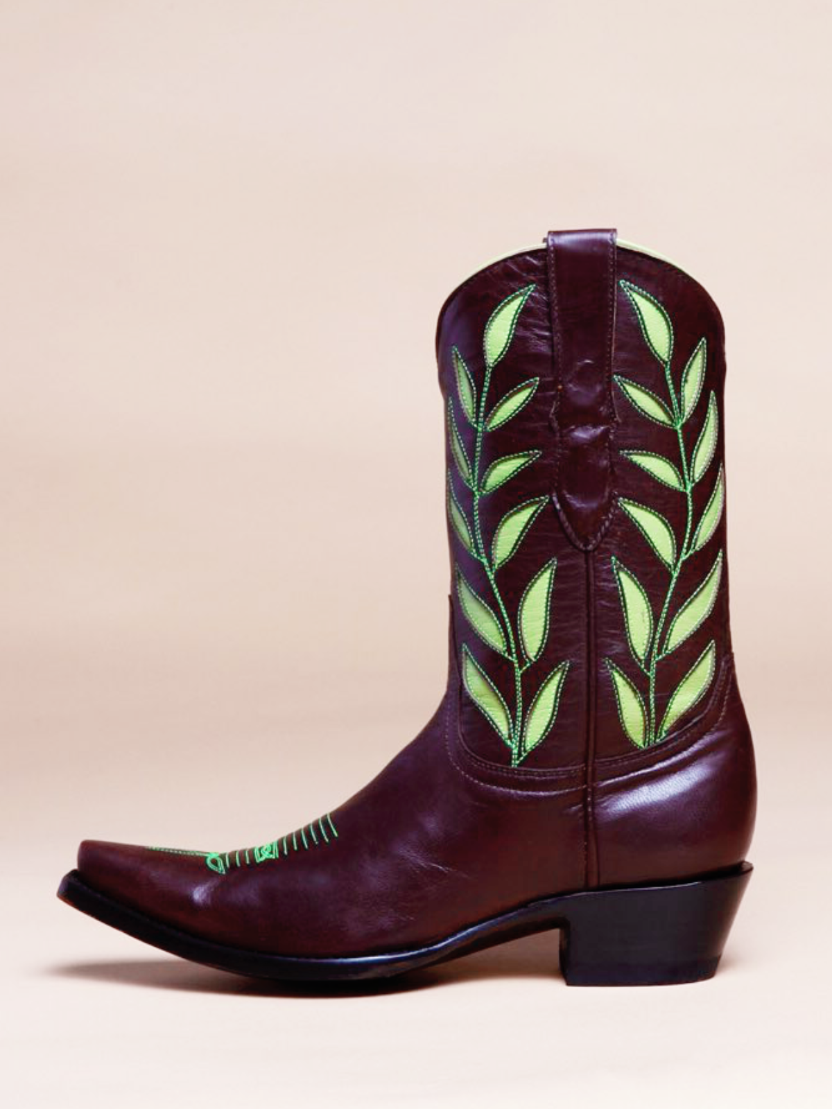 Maroon Snip-Toe Wide Mid Calf Western Cowgirl Boots With Fluorescent Green Leaf Inlay