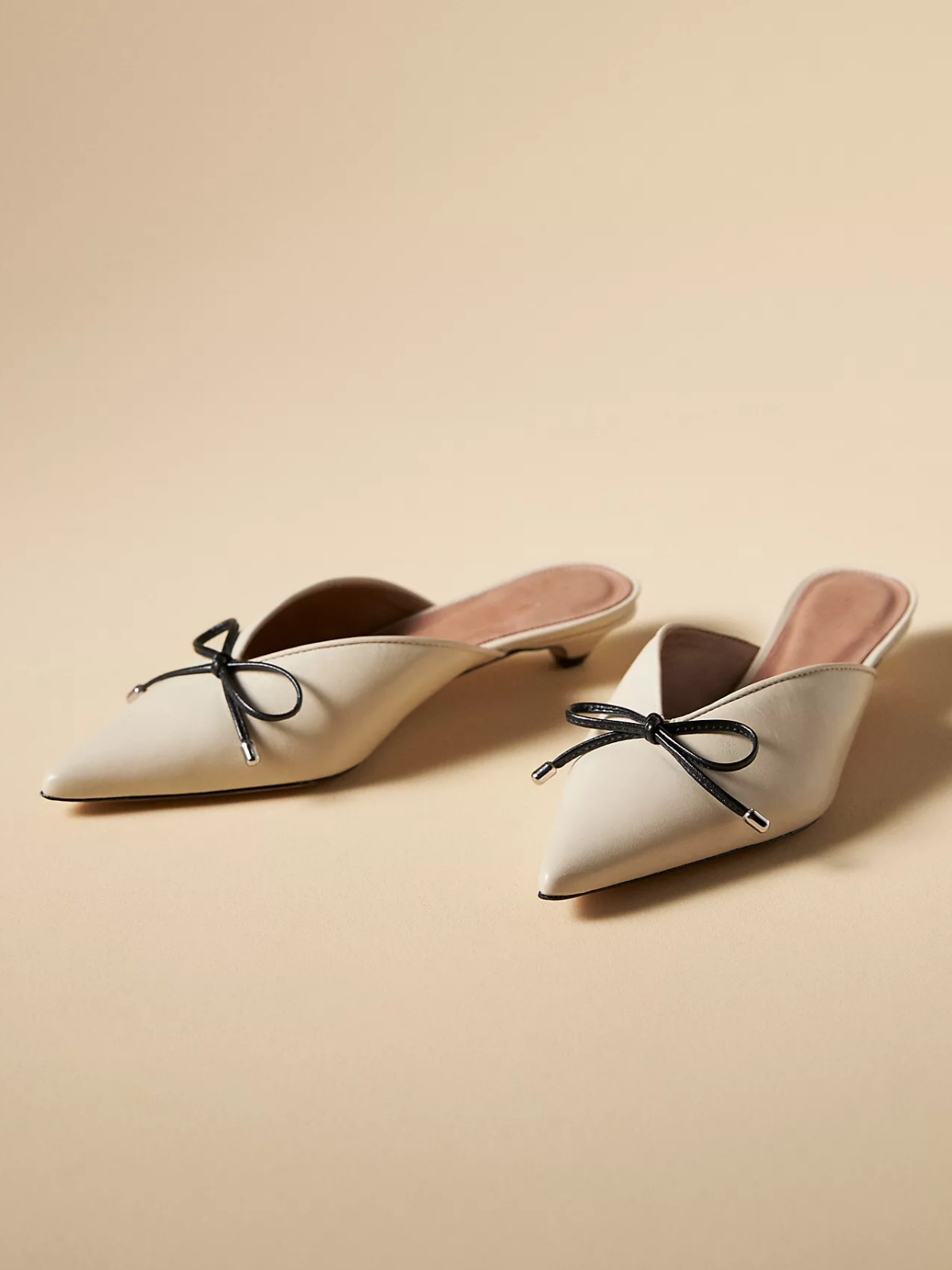 Cream Pointed-Toe Slip-On Kitten Heels With Bow