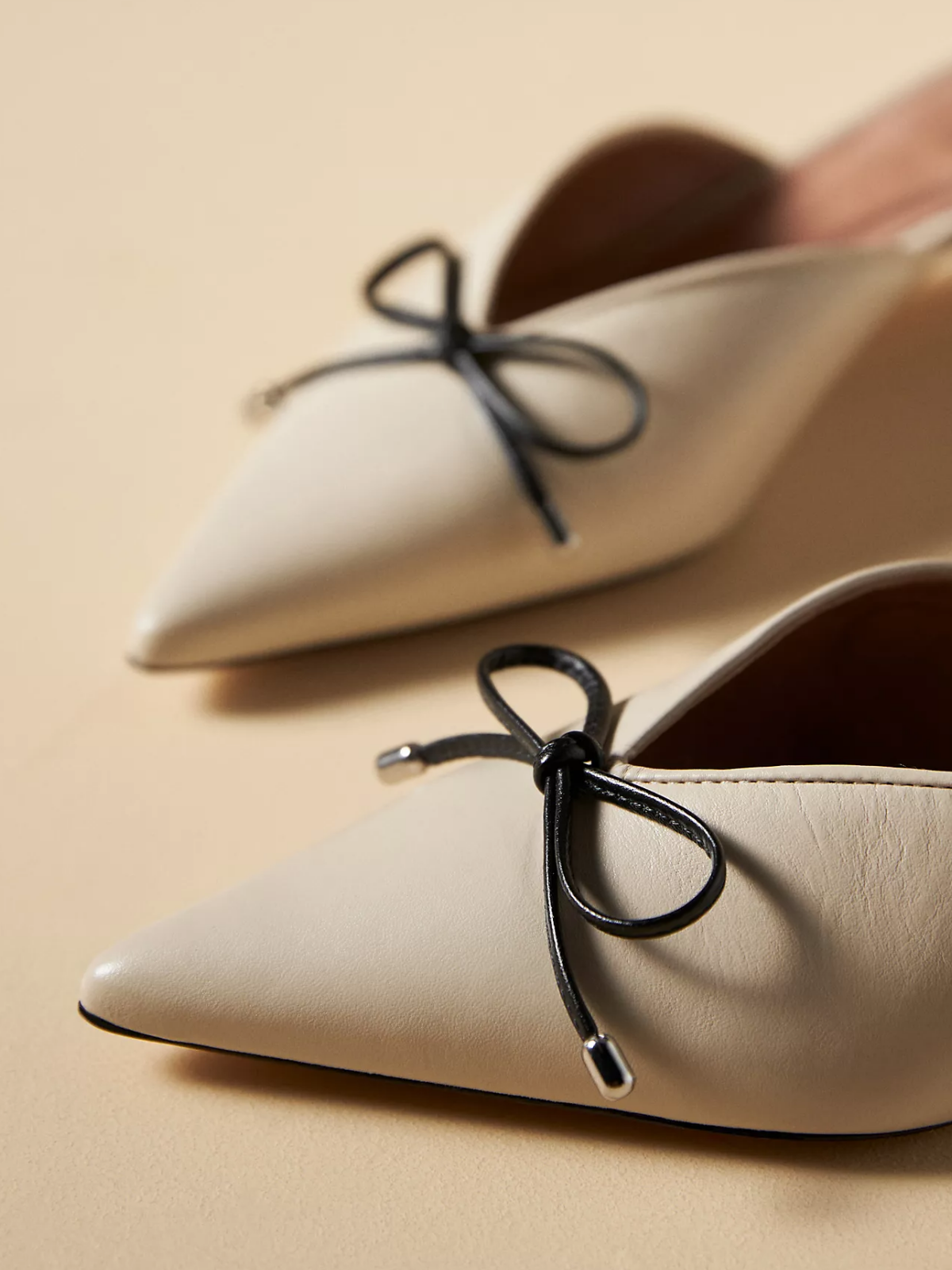 Cream Pointed-Toe Slip-On Kitten Heels With Bow