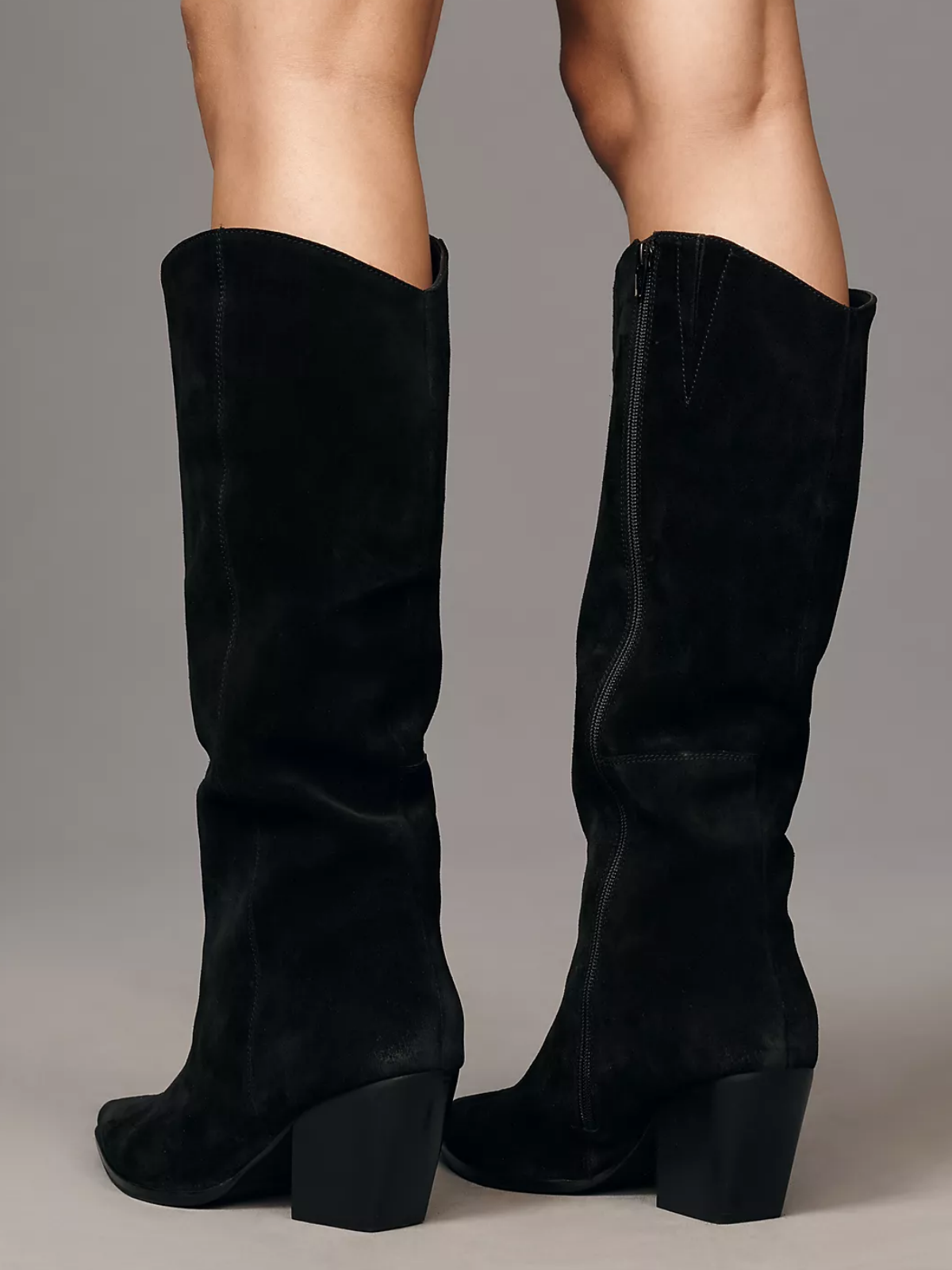 Faux Suede Almond-Toe Full-Zip Mid Calf Cowgirl Boots - Black