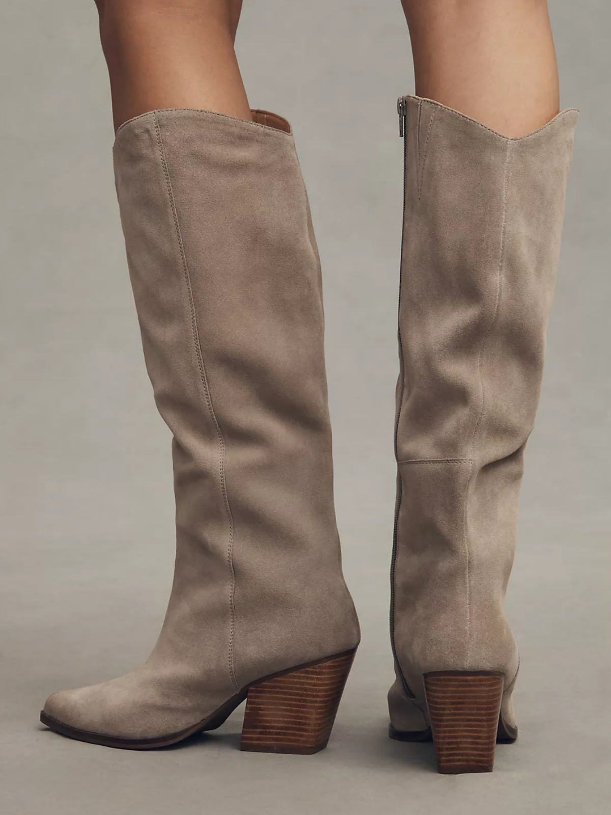 Faux Suede Almond-Toe Full-Zip Mid Calf Cowgirl Boots - Sand