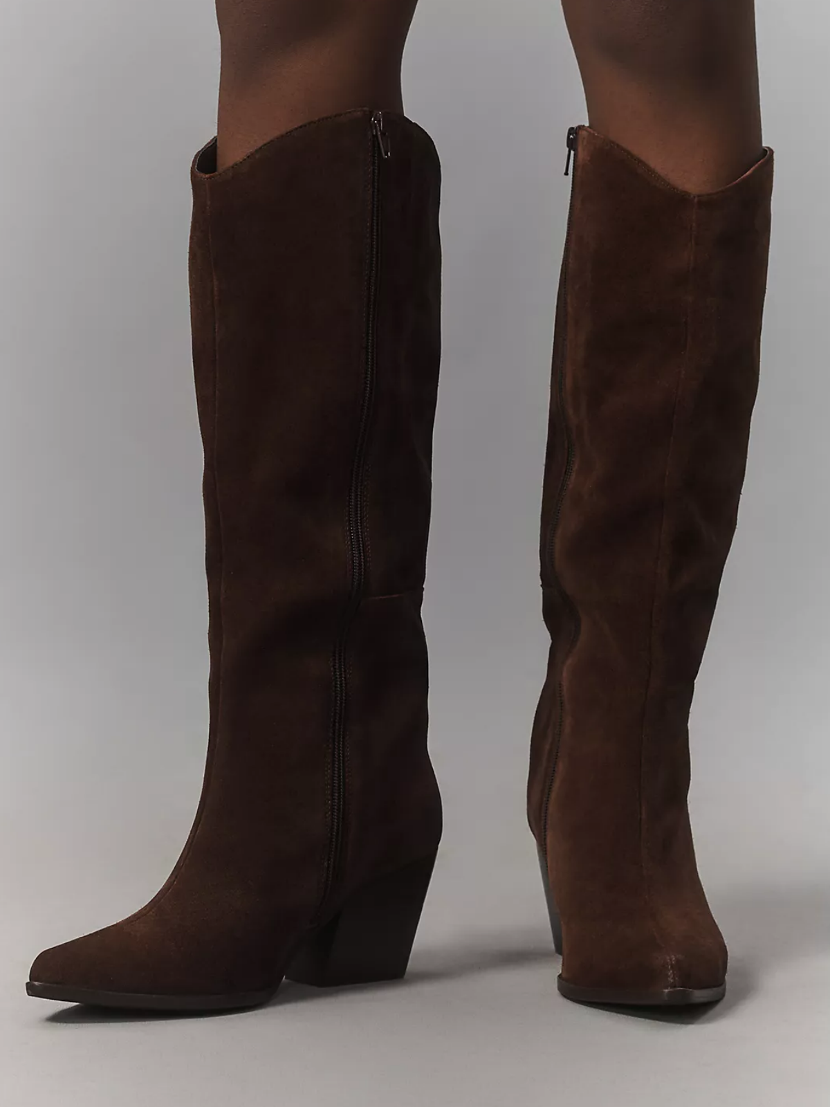 Faux Suede Almond-Toe Full-Zip Mid Calf Cowgirl Boots - Brown