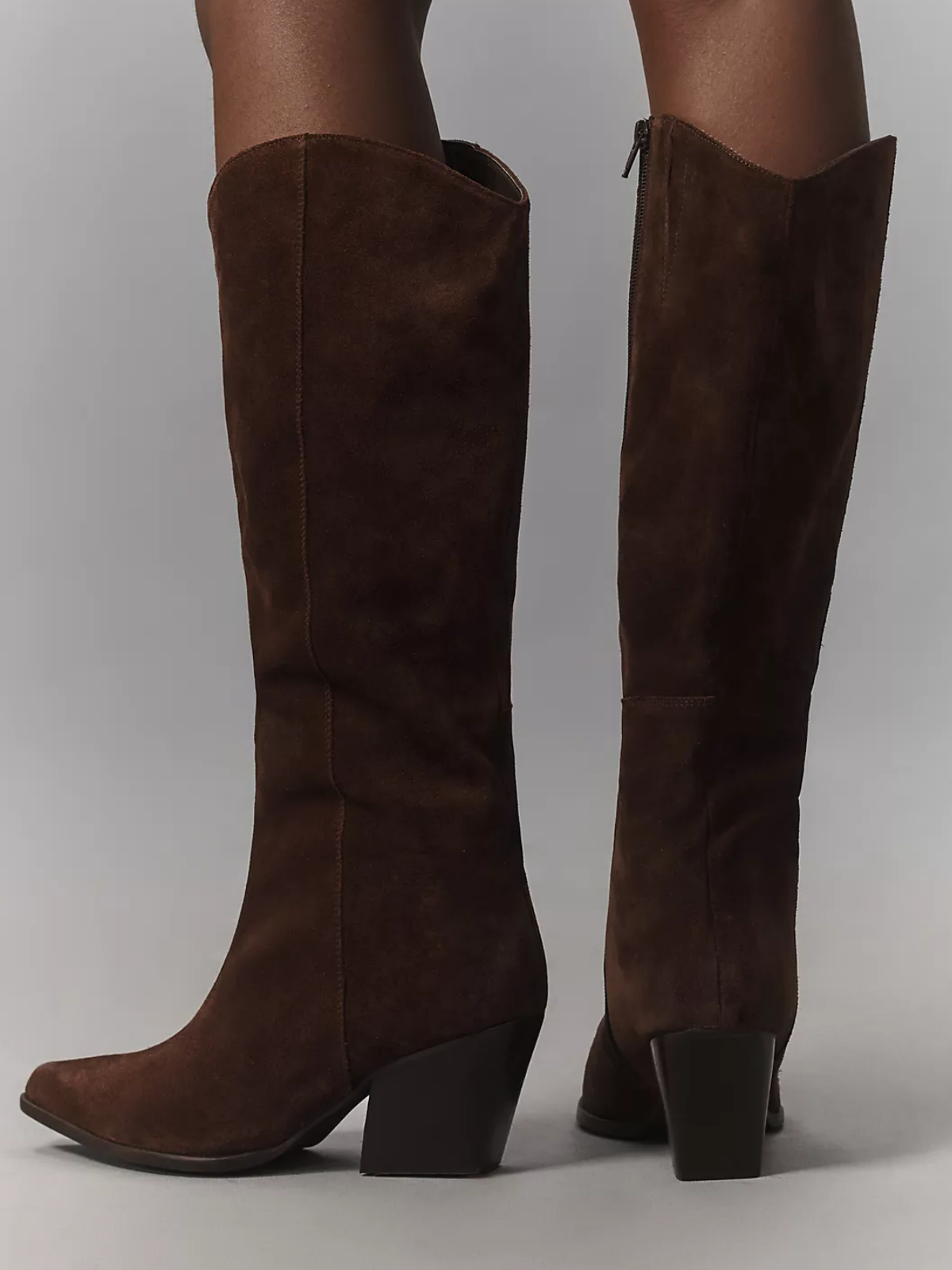 Faux Suede Almond-Toe Full-Zip Mid Calf Cowgirl Boots - Brown