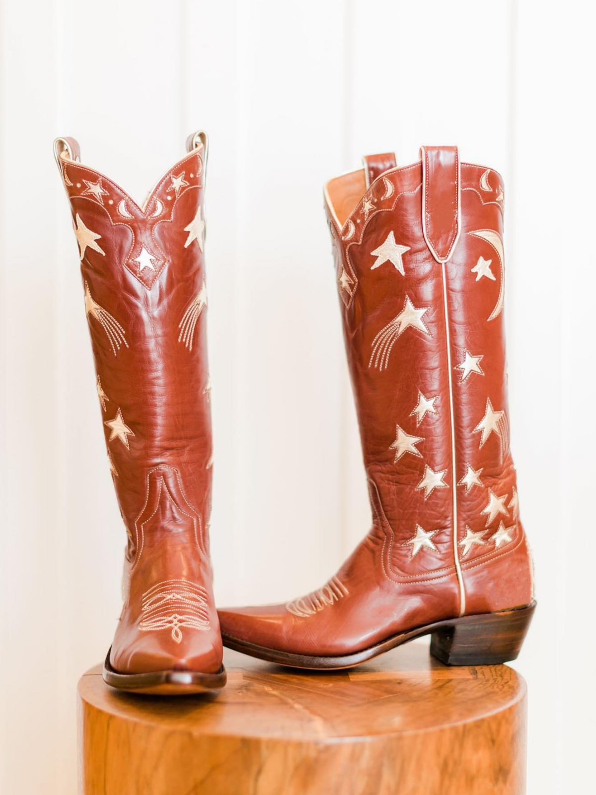 Metallic Moon Star Inlay Applique Mid Calf Cowgirl Tall Boots - Brown / Pale Gold