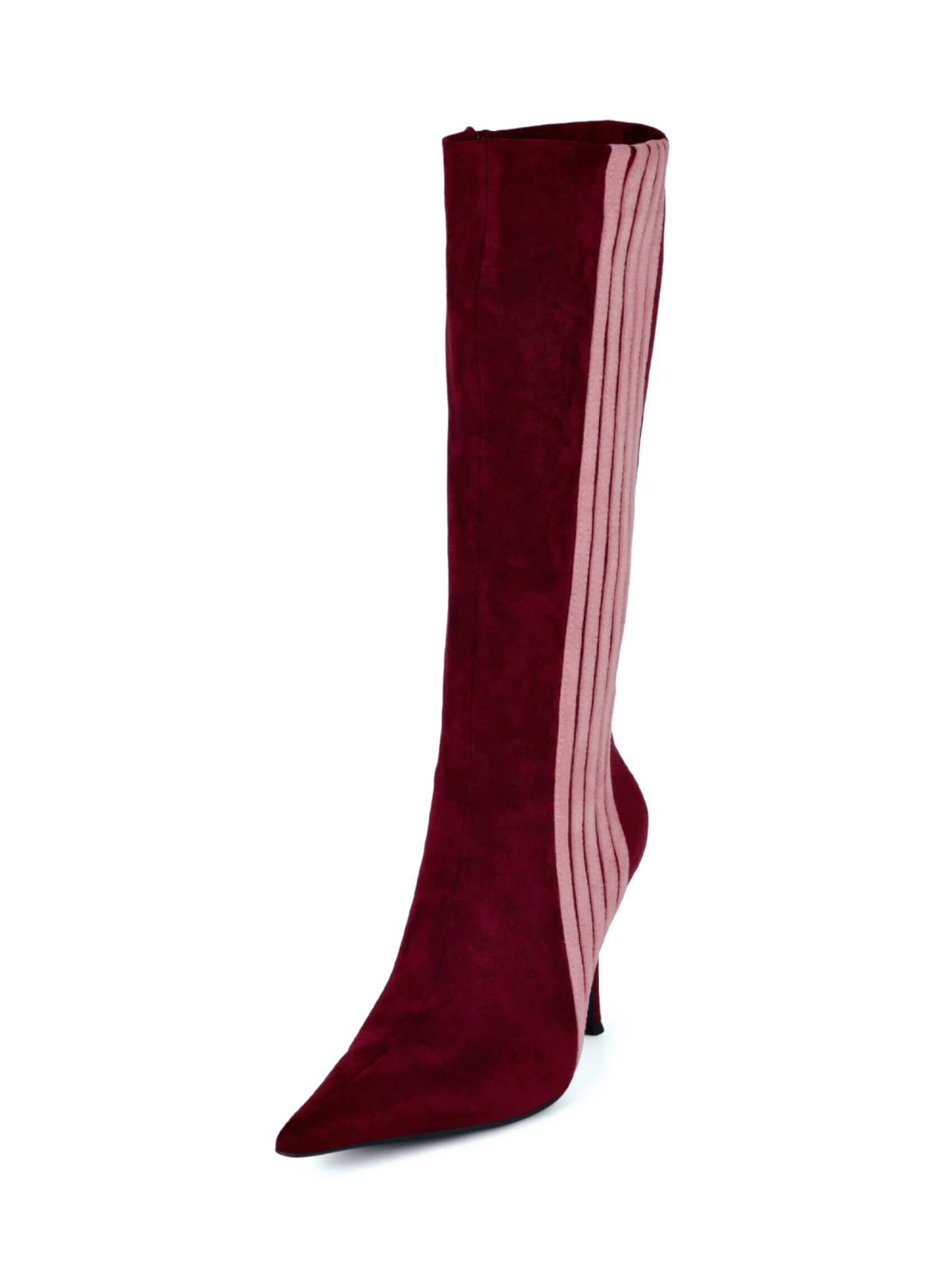 Wine Red Pointed-Toe Mid Calf Full-Zip Stiletto Boots With Contrasting Stripe