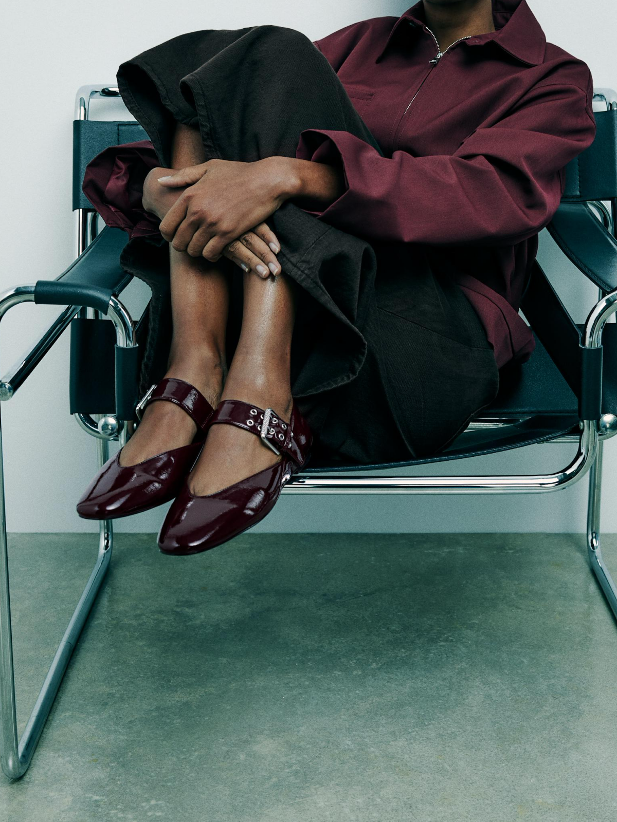 Patent Burgundy Square-Toe Wide Strap With Buckle Mary Janes Ballet Flats