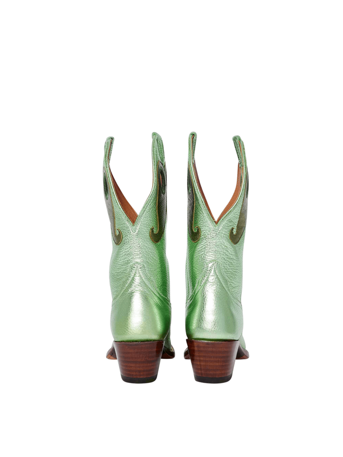 Metallic Green Crinkle Cutout Snip-Toe Wide Mid Calf Cowgirl Boots With Olive Green Paisley