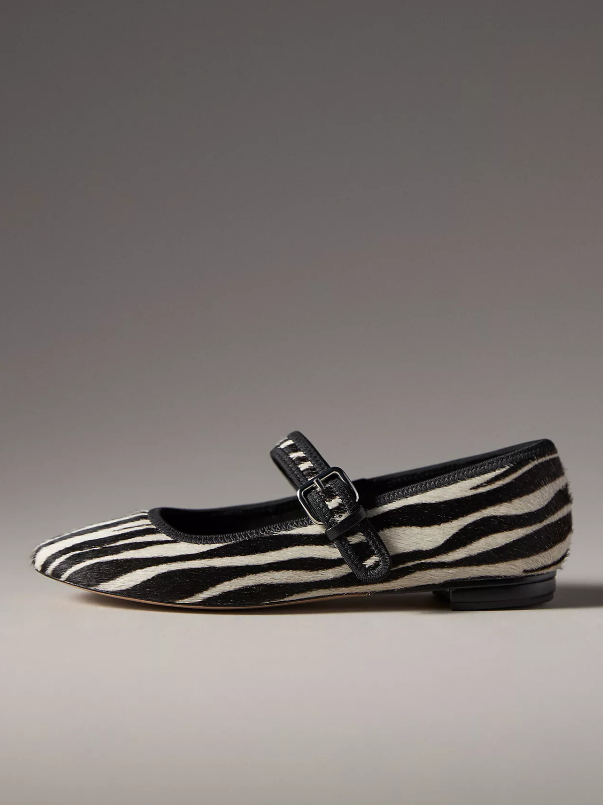 Faux Zebra Print Pony Hair Round-Toe Ballet Bridge Strap Flats