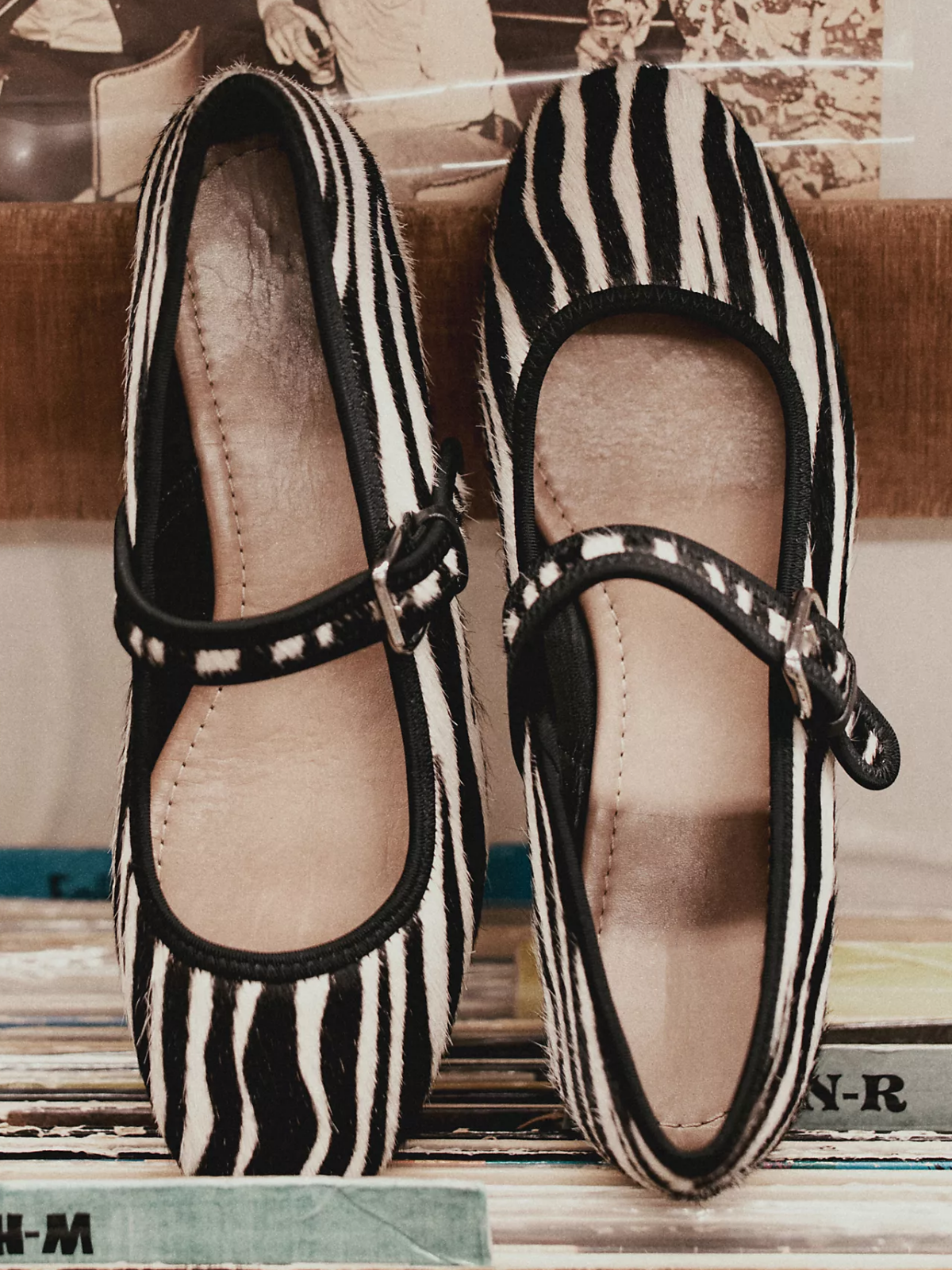 Faux Zebra Print Pony Hair Round-Toe Ballet Bridge Strap Flats