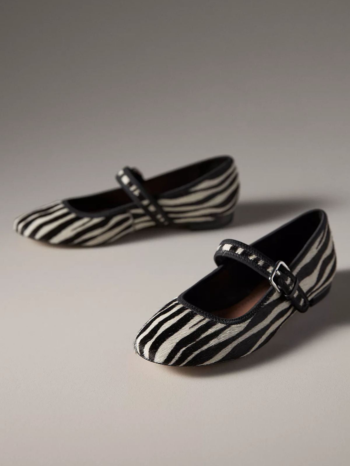 Faux Zebra Print Pony Hair Round-Toe Ballet Bridge Strap Flats