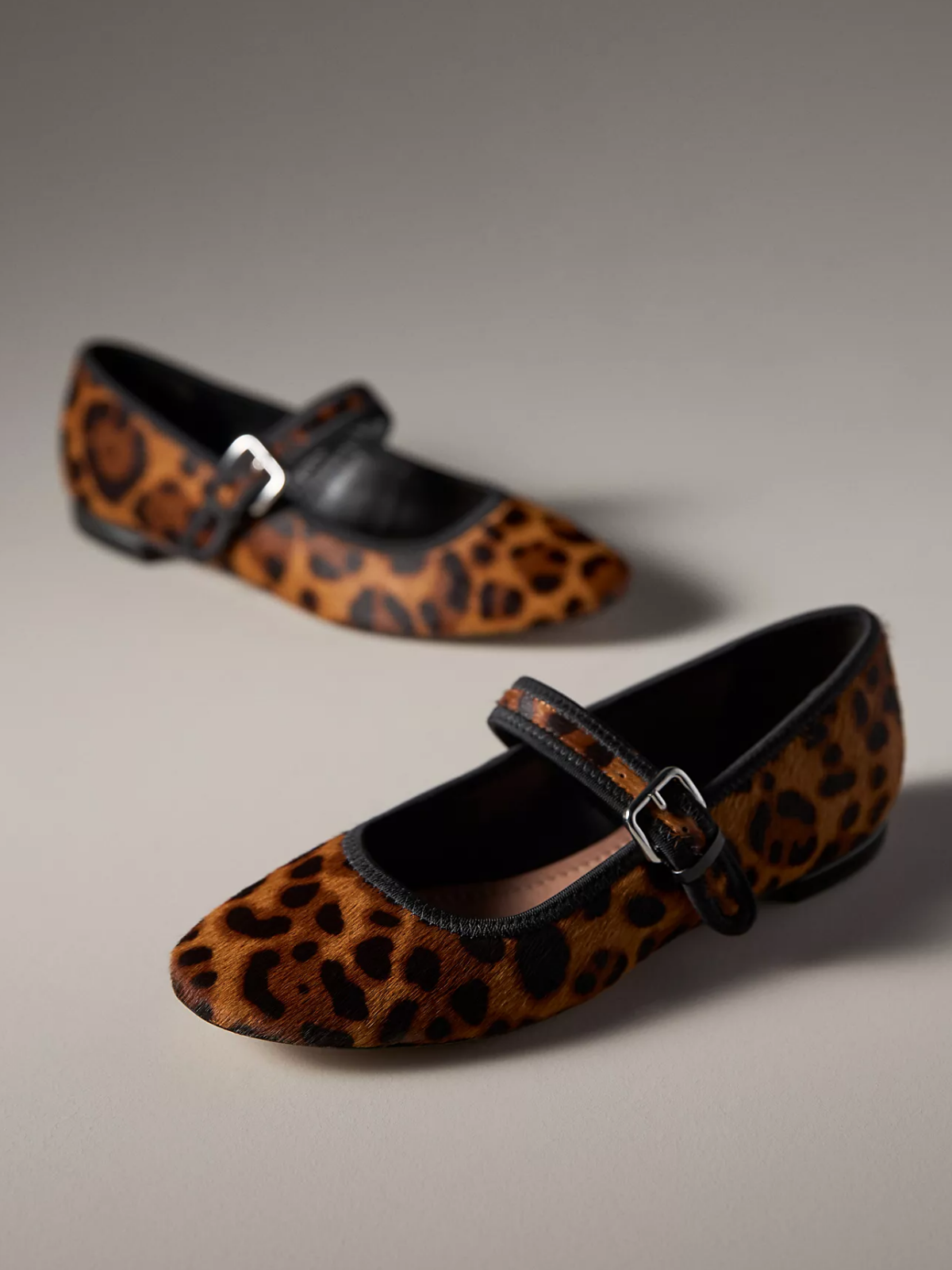 Faux Leopard Print Pony Hair Round-Toe Ballet Bridge Strap Flats