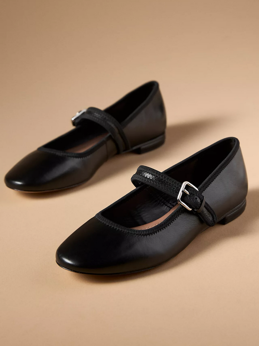 Black Square-Toe Bridge Strap Mary Janes Ballet Flats