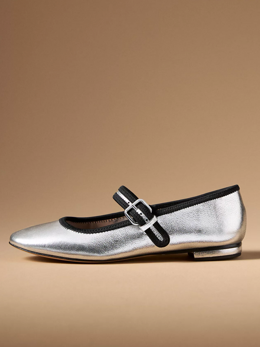 Metallic Silver Square-Toe Bridge Strap Mary Janes Ballet Flats