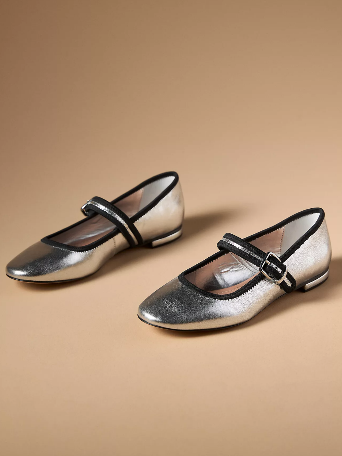 Metallic Silver Square-Toe Bridge Strap Mary Janes Ballet Flats