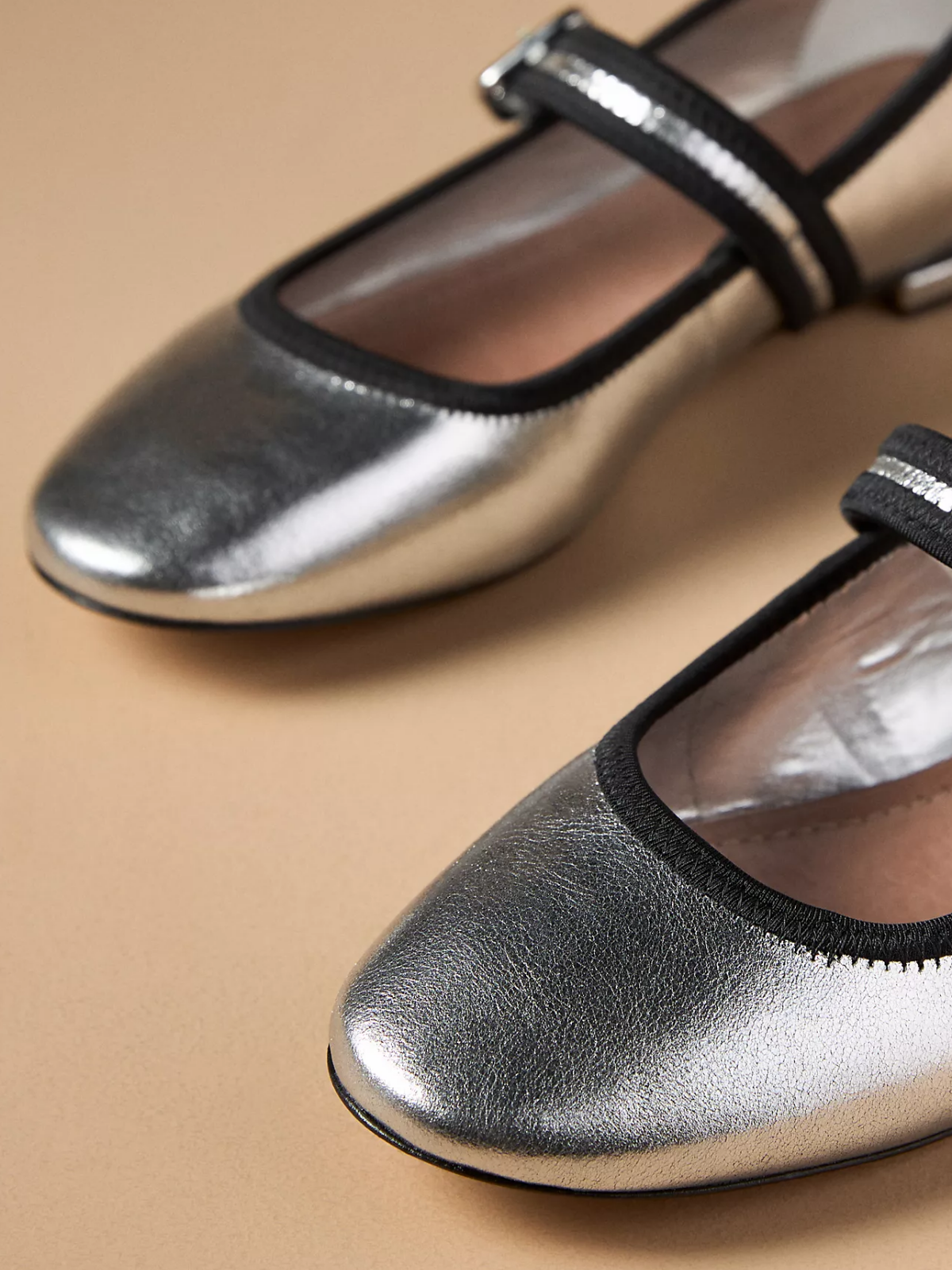 Metallic Silver Square-Toe Bridge Strap Mary Janes Ballet Flats