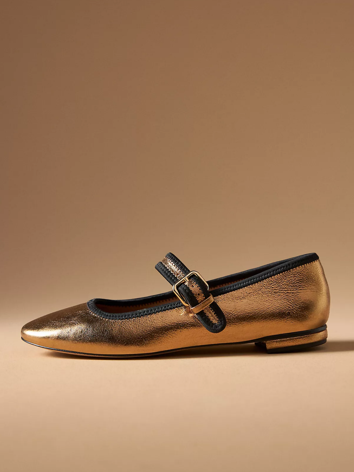 Metallic Gold Square-Toe Bridge Strap Mary Janes Ballet Flats