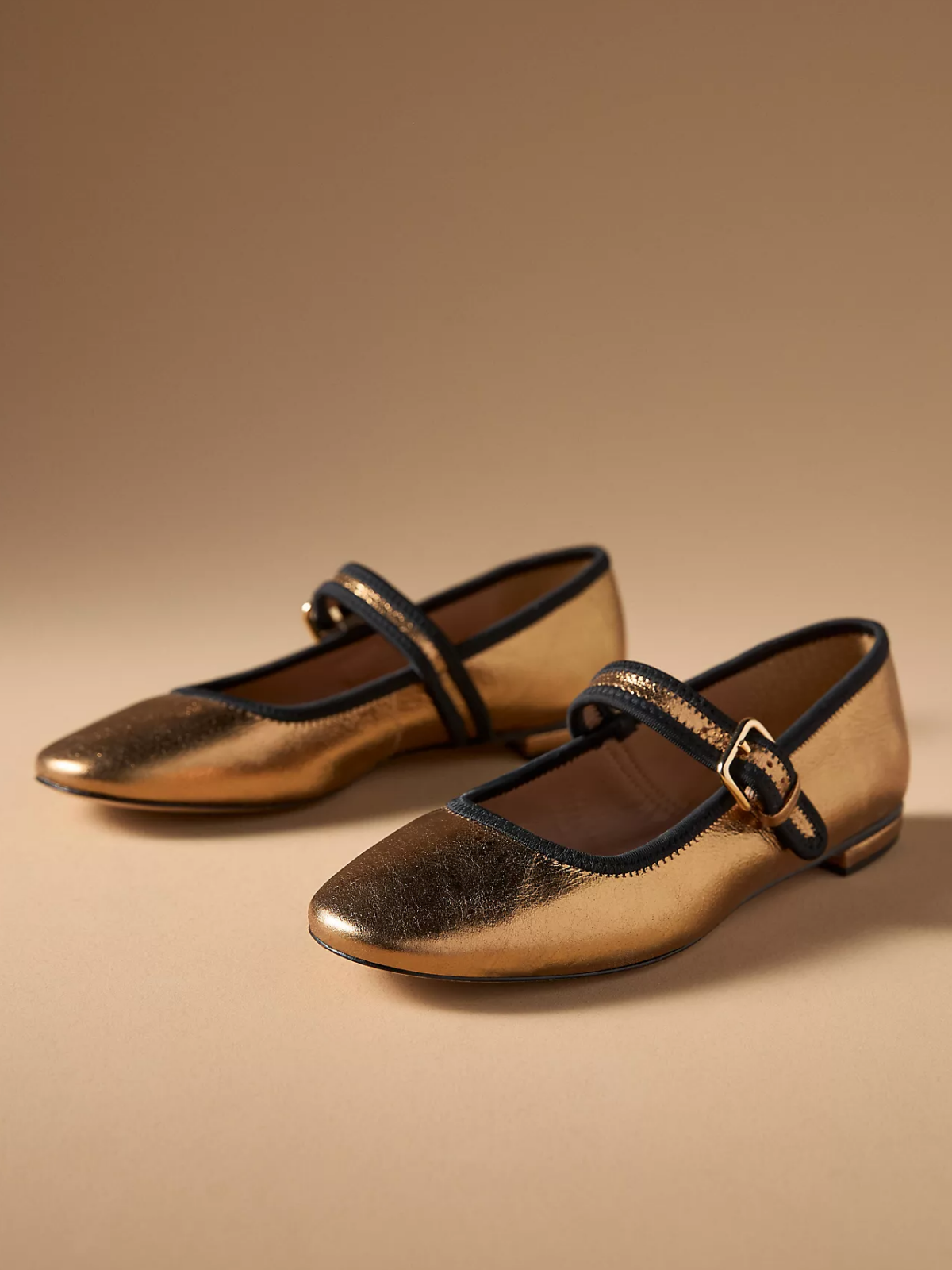 Metallic Gold Square-Toe Bridge Strap Mary Janes Ballet Flats