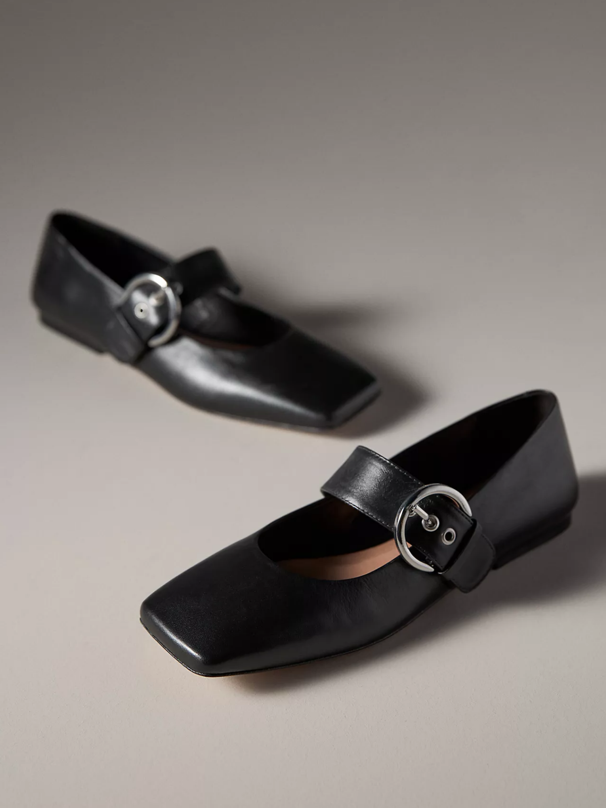 Black Square-Toe Wide Bridge Strap Flats