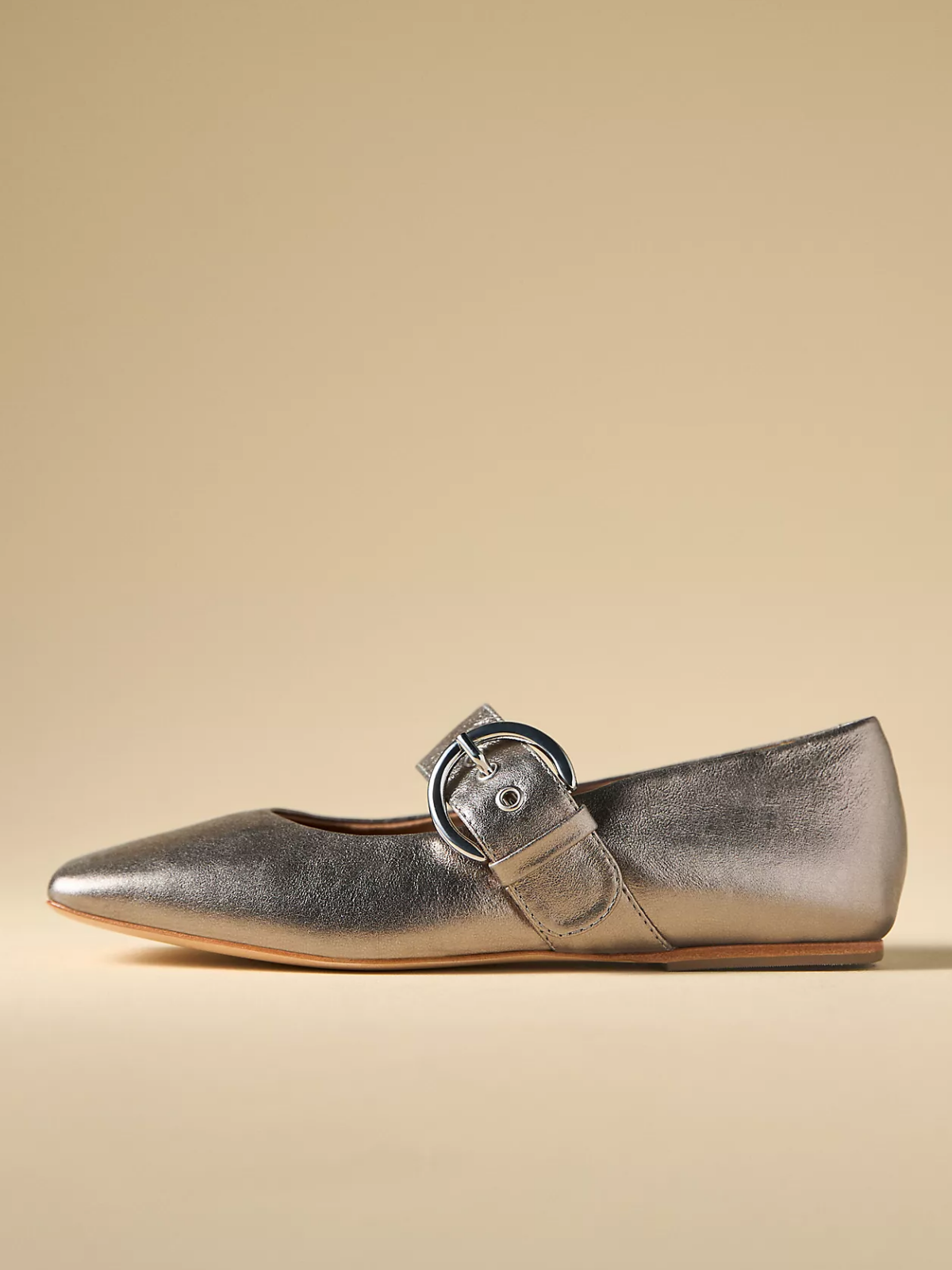 Metallic Silver Square-Toe Wide Bridge Strap Flats