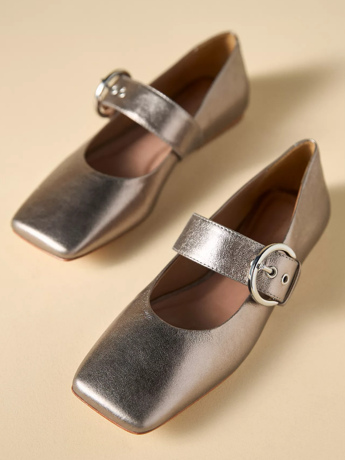 Metallic Silver Square-Toe Wide Bridge Strap Flats