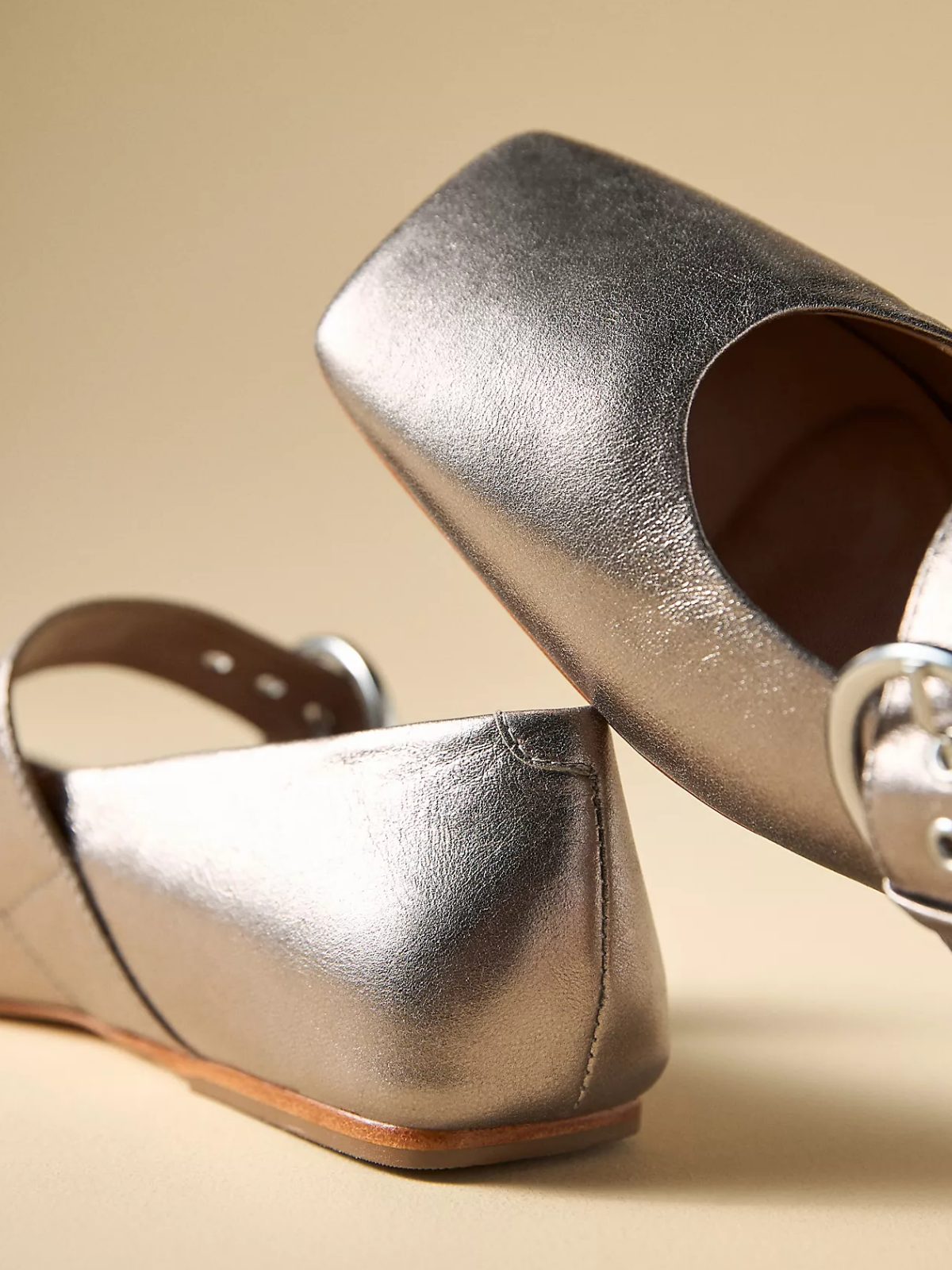 Metallic Silver Square-Toe Wide Bridge Strap Flats