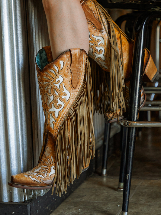 Distressed Tan Snip-Toe Fringe Inlay With Glitter Studded Mid Calf Cowgirl Boots