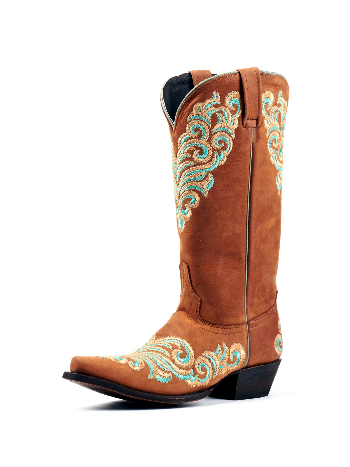 Brown Snip-Toe Colorful Filigree Embroidery Wide Mid Calf Cowgirl Boots