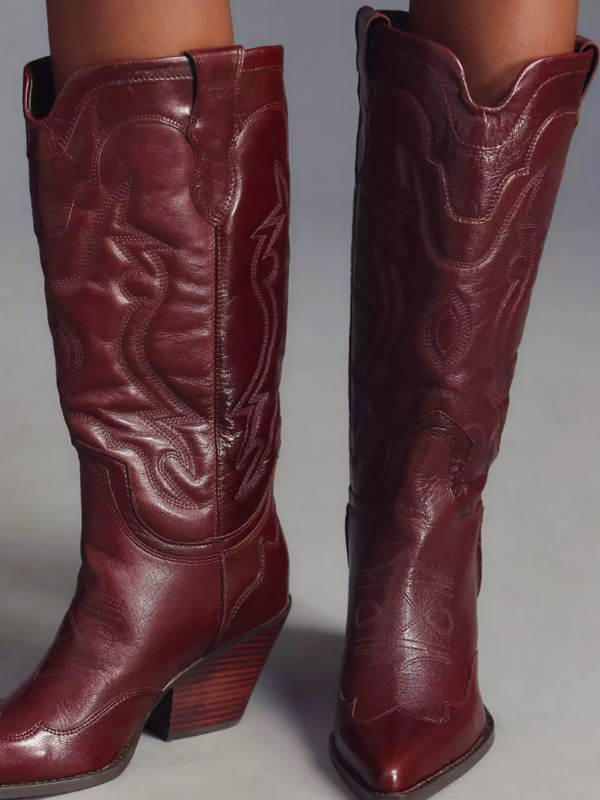 Wine Red Pointed-Toe Classic Embroidery Wide Mid Calf Cowgirl Boots