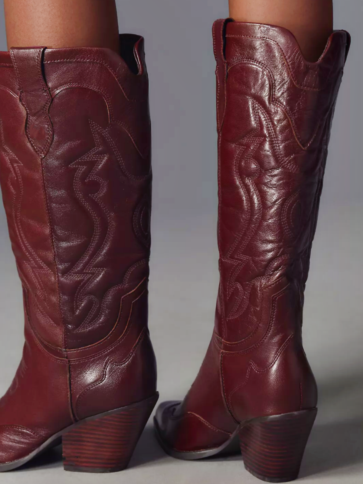 Wine Red Pointed-Toe Classic Embroidery Wide Mid Calf Cowgirl Boots