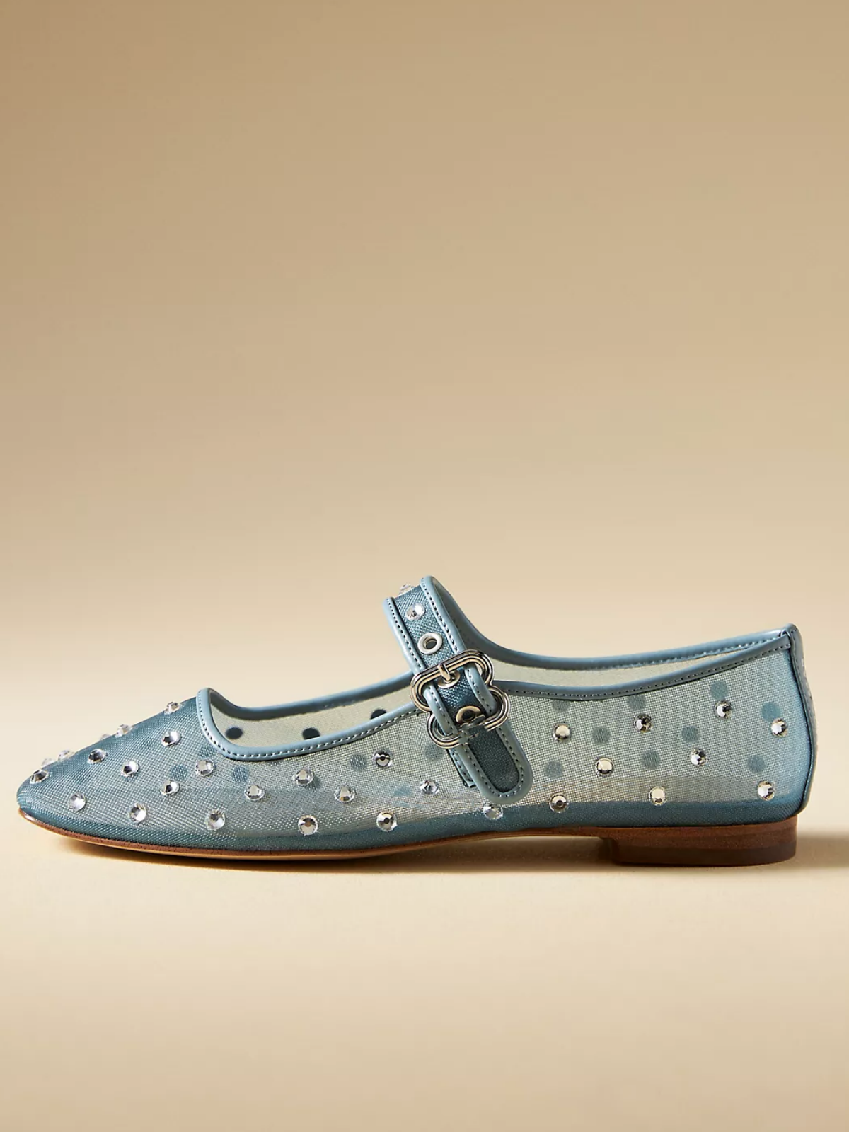 Turquoise Mesh Square-Toe Rhinestone Ballet Mary Janes Flats With Bridge Strap