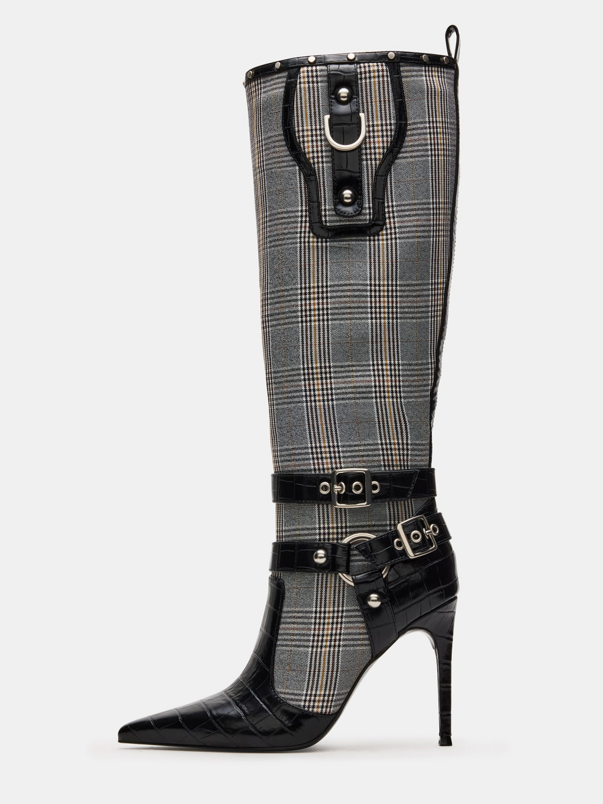 Contrast Black Crocodile-Embossed And Plaid Fabric Pointed-Toe Full-Zip Mid Calf Stiletto Boots With Buckle