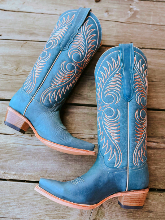 Blue Snip-Toe Feather Embroidery Wide Mid Calf Western Boots For Women