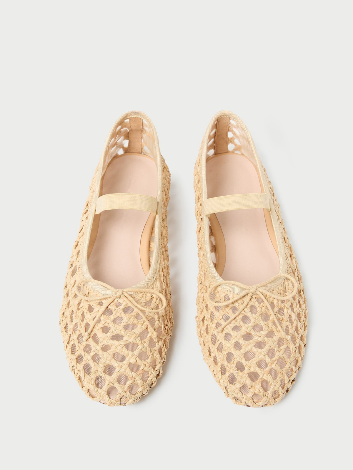 Beige Almond-Toe Straw-Woven Elastic Bridge Strap Bow Mesh Ballet Flats