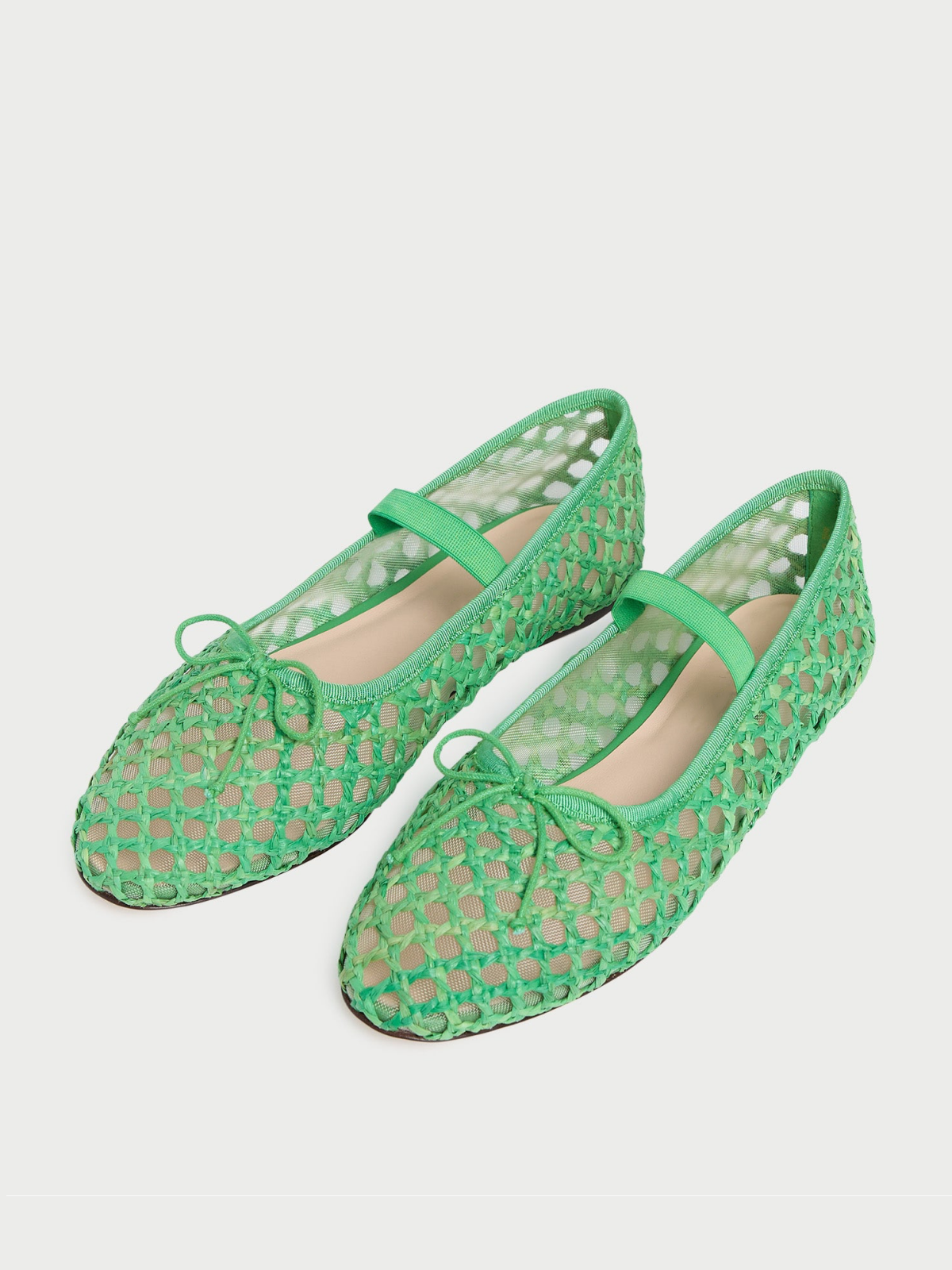 Green Almond-Toe Straw-Woven Elastic Bridge Strap Bow Mesh Ballet Flats