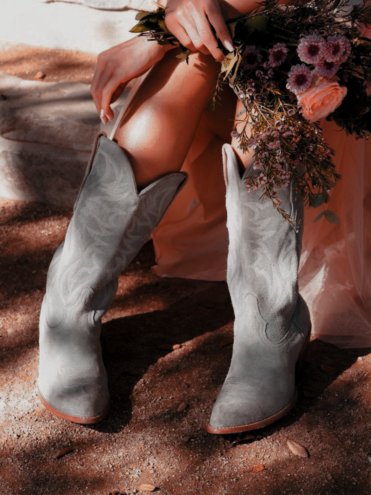 Faux Suede Wings Embroidery Pointed-Toe Wide Mid Calf Tall Cowgirl Boots - Gray