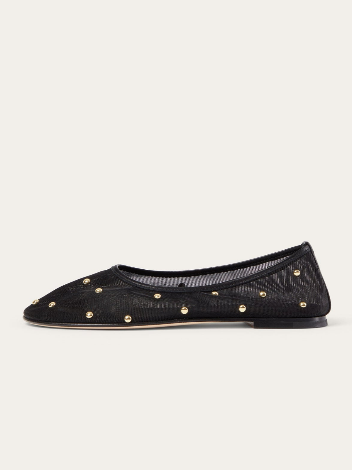 Black Mesh Round-Toe Ballet Flats With Gold Studs