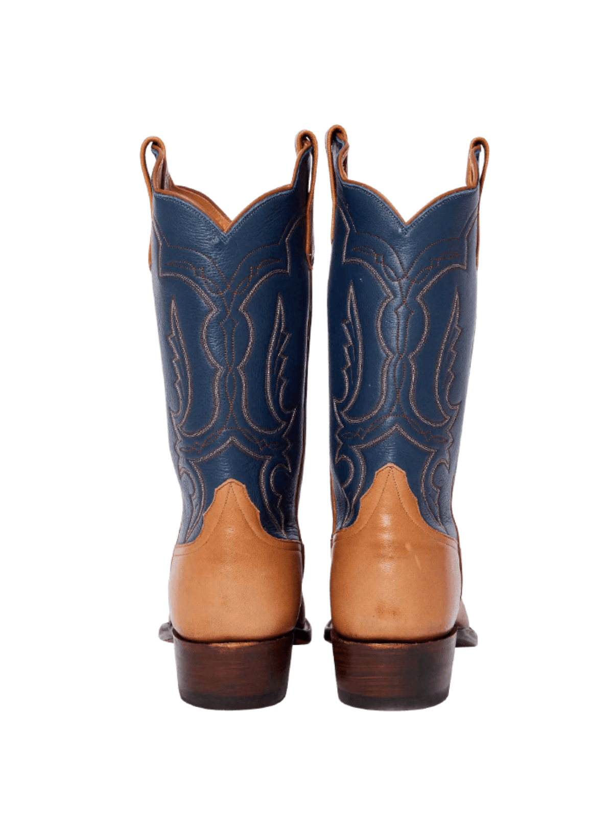 Contrast Navy Blue And Brown Snip-Toe Western Embroidery Wide Mid Calf Cowgirl Boots