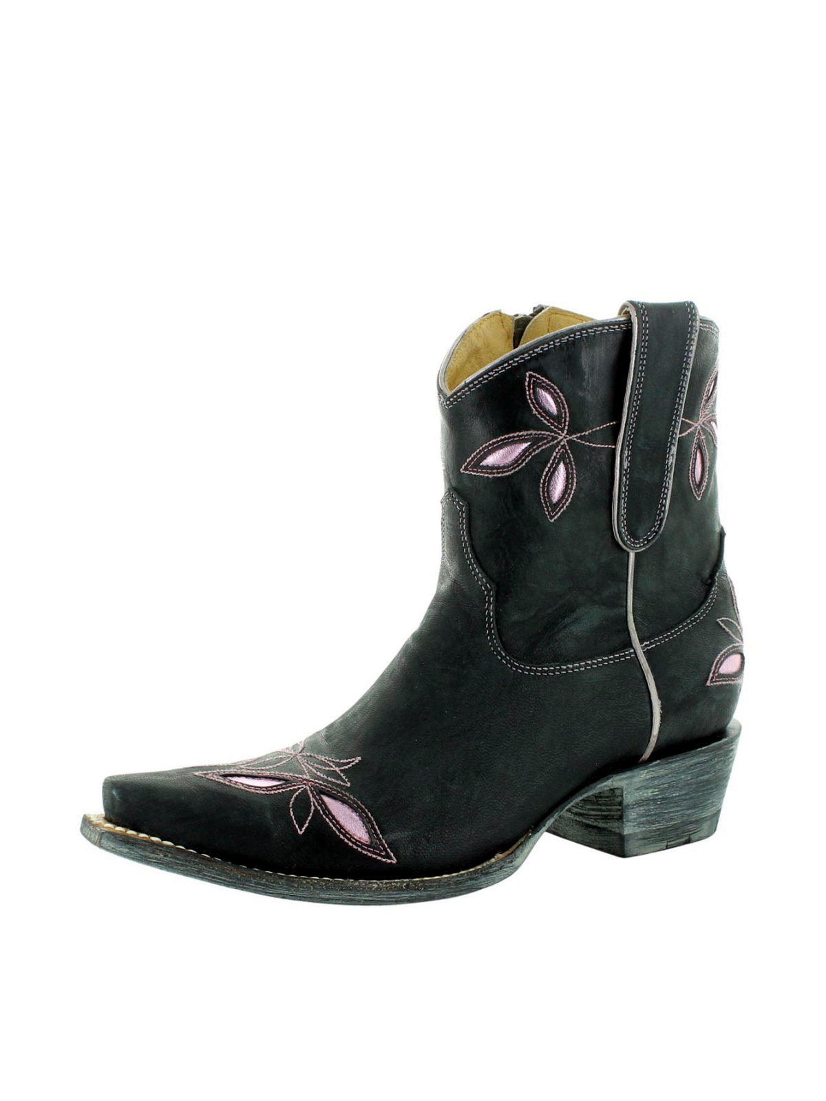 Black Snip-Toe Leaves Inlay Embroidery Full-Zip Wide Mid Calf Short Cowgirl Boots