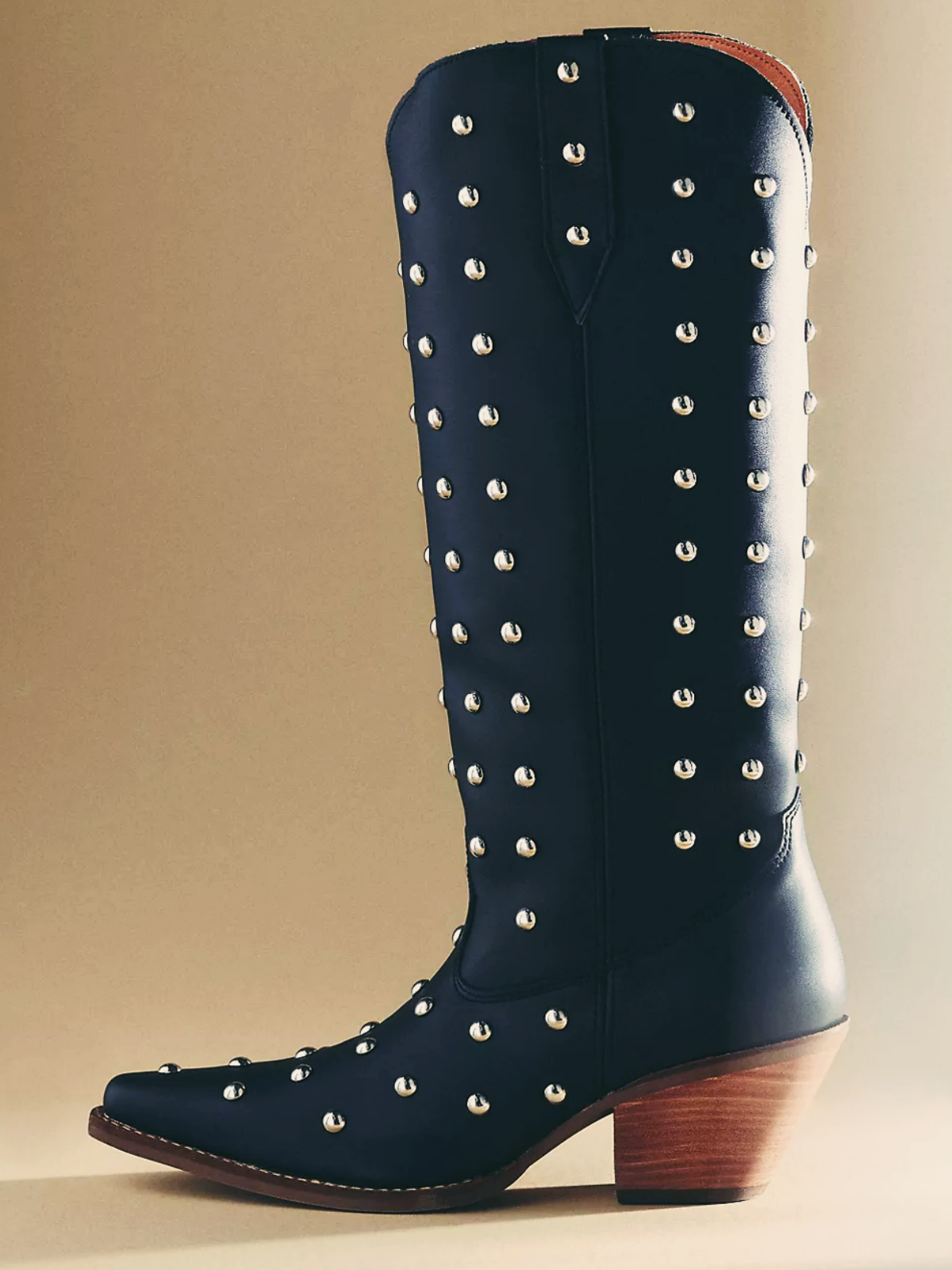 Black Studded Pointed-Toe Mid Calf Western Tall Boots Cowgirl Boots