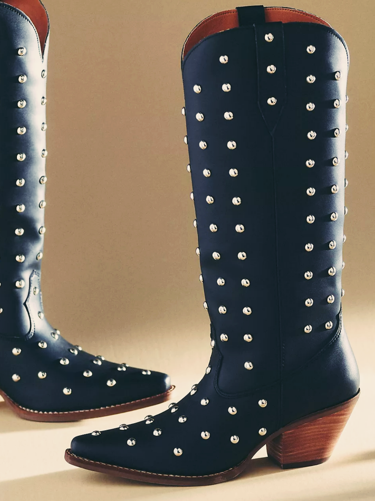 Black Studded Pointed-Toe Mid Calf Western Tall Boots Cowgirl Boots