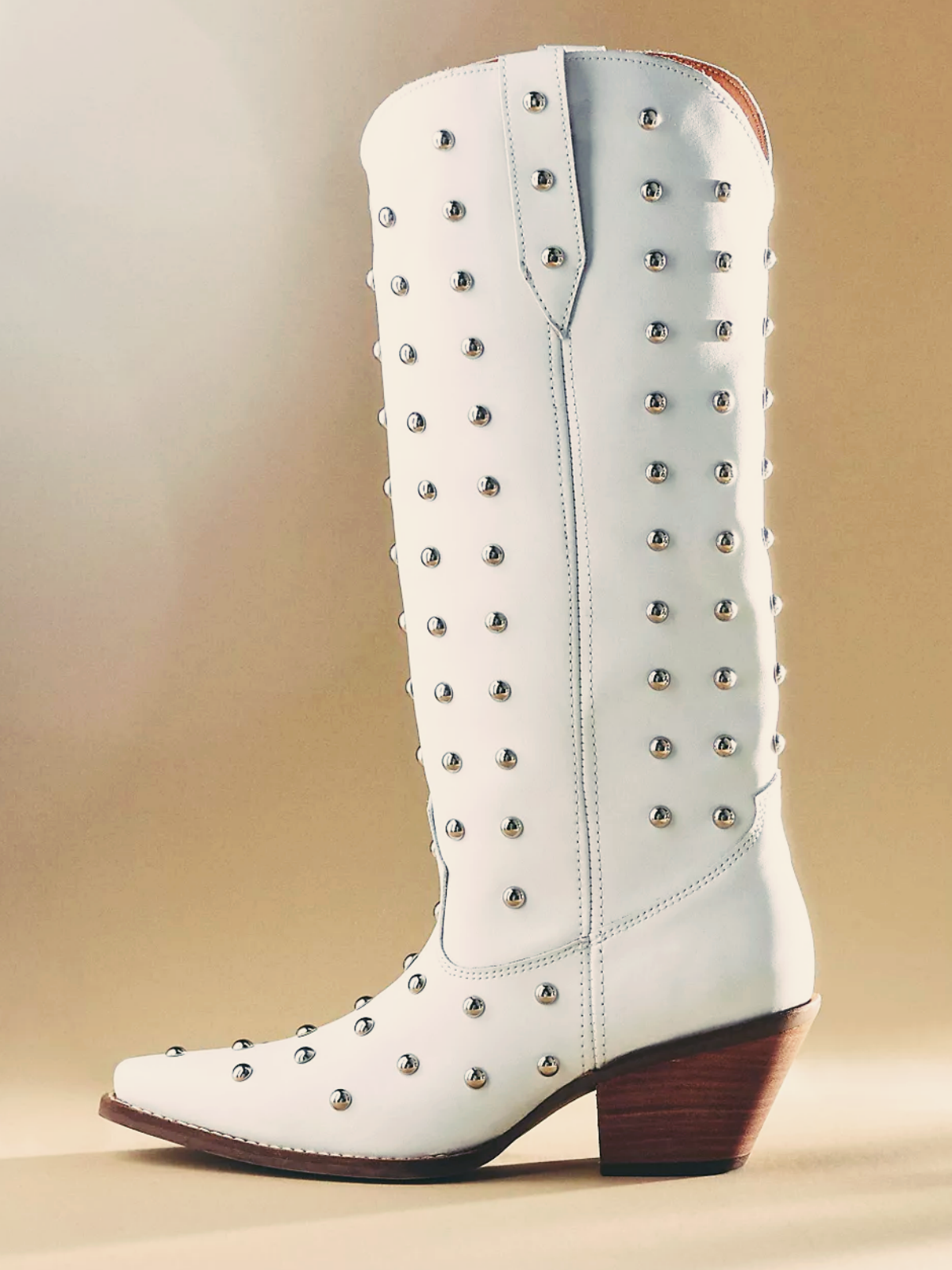 White Studded Pointed-Toe Mid Calf Western Tall Boots Cowgirl Boots