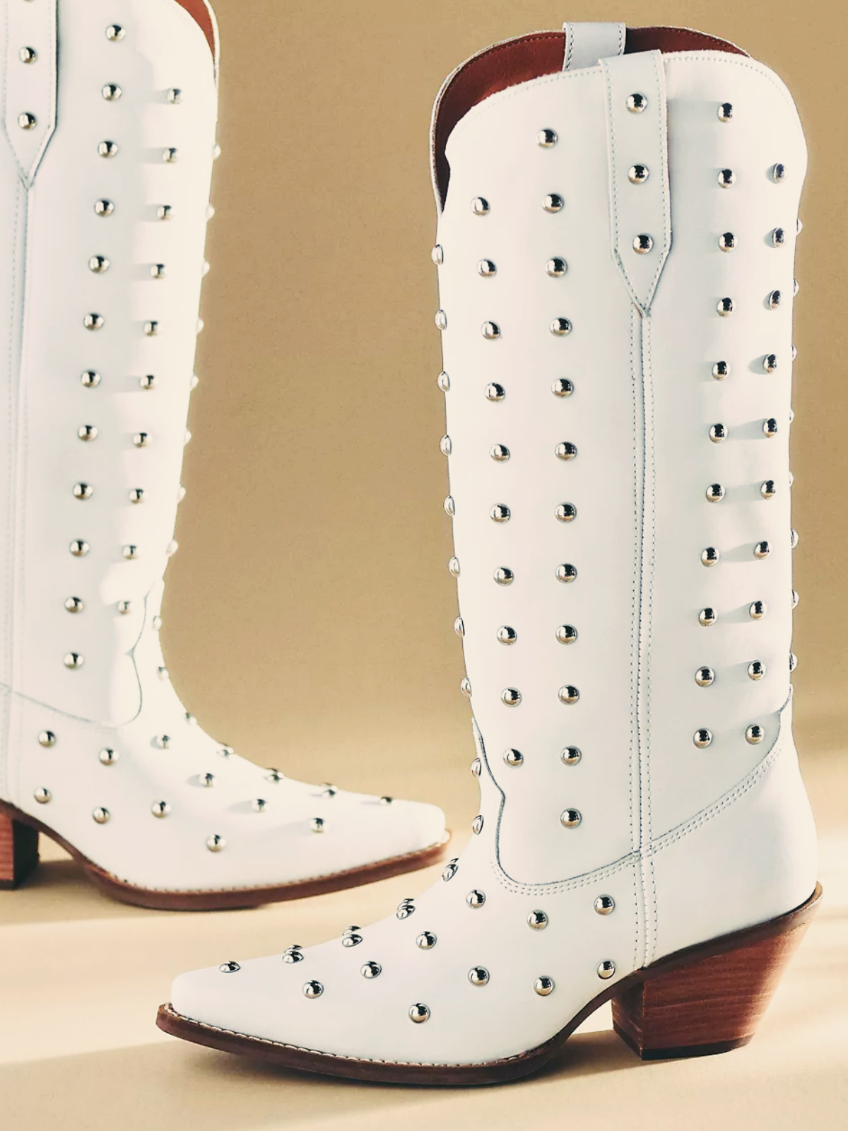 White Studded Pointed-Toe Mid Calf Western Tall Boots Cowgirl Boots