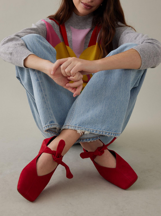 Red Faux Suede Square Toe Knot Bow Mary Janes Tied Flats Slippers