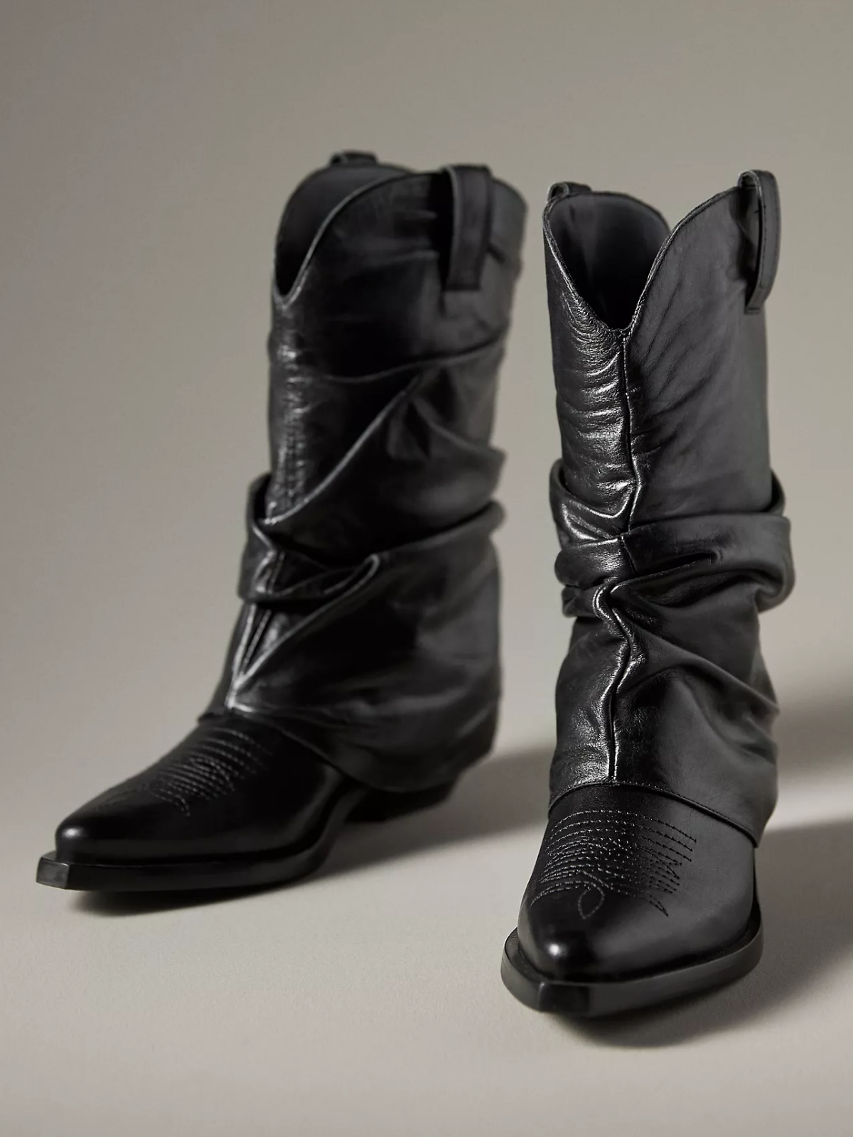 Black Almond-Toe Slouchy Fold-Over Wide Mid Calf Cowgirl Boots