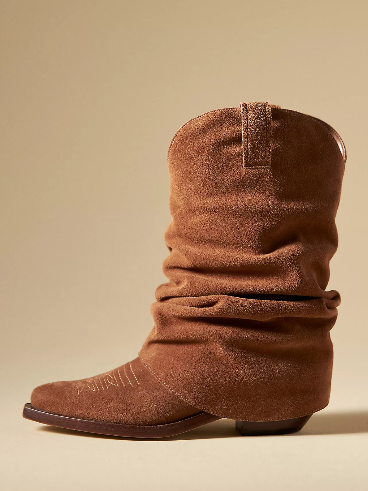 Brown Faux Suede Almond-Toe Slouchy Fold-Over Wide Mid Calf Cowgirl Boots